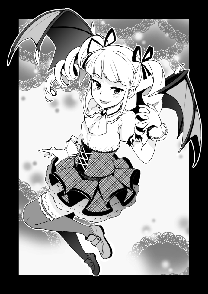 1girl, :d, aikatsu!, aikatsu!_(series), black_border, blush, border, drill_hair, greyscale, hair_ribbon, hand_up, high-waist_skirt, looking_at_viewer, monochrome, open_mouth, ribbon, shoes, skirt, smile, solo, tamagoroo, thigh-highs, toudou_yurika, twin_drills, wings, wristband