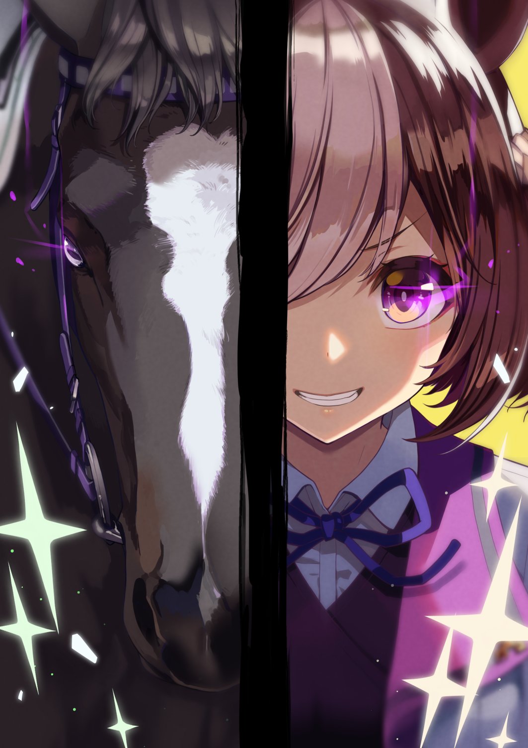 1girl, animal_ears, brown_hair, glowing, glowing_eye, grin, highres, horse