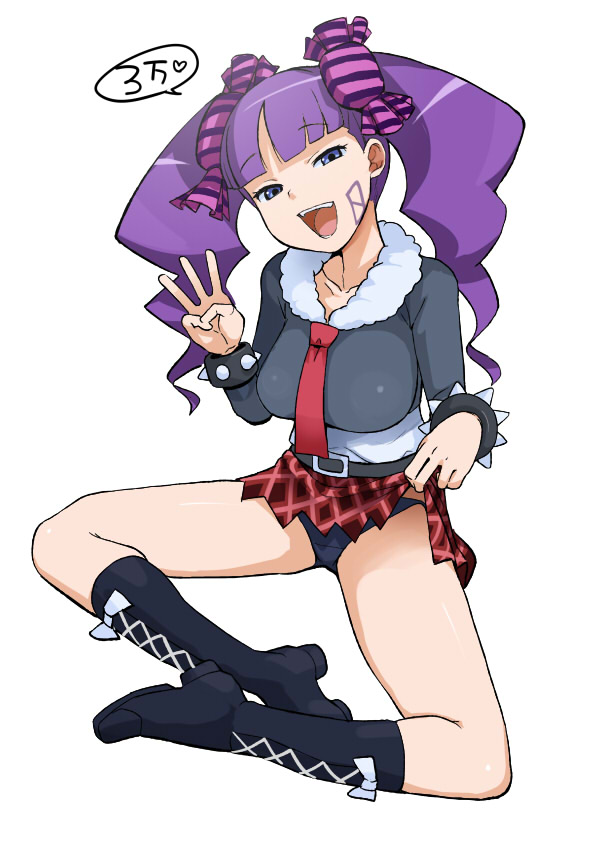 1girl, :d, black_footwear, blue_eyes, blue_panties, boots, bracelet, character_request, clothes_lift, copyright_request, duel_masters, grey_shirt, half-closed_eyes, hand_up, high_heel_boots, high_heels, indian_style, jewelry, long_sleeves, looking_at_viewer, miniskirt, necktie, open_mouth, panties, pantyshot, purple_hair, red_neckwear, red_skirt, shirt, simple_background, sitting, skirt, skirt_lift, smile, solo, spiked_bracelet, spikes, tamagoroo, underwear, white_background