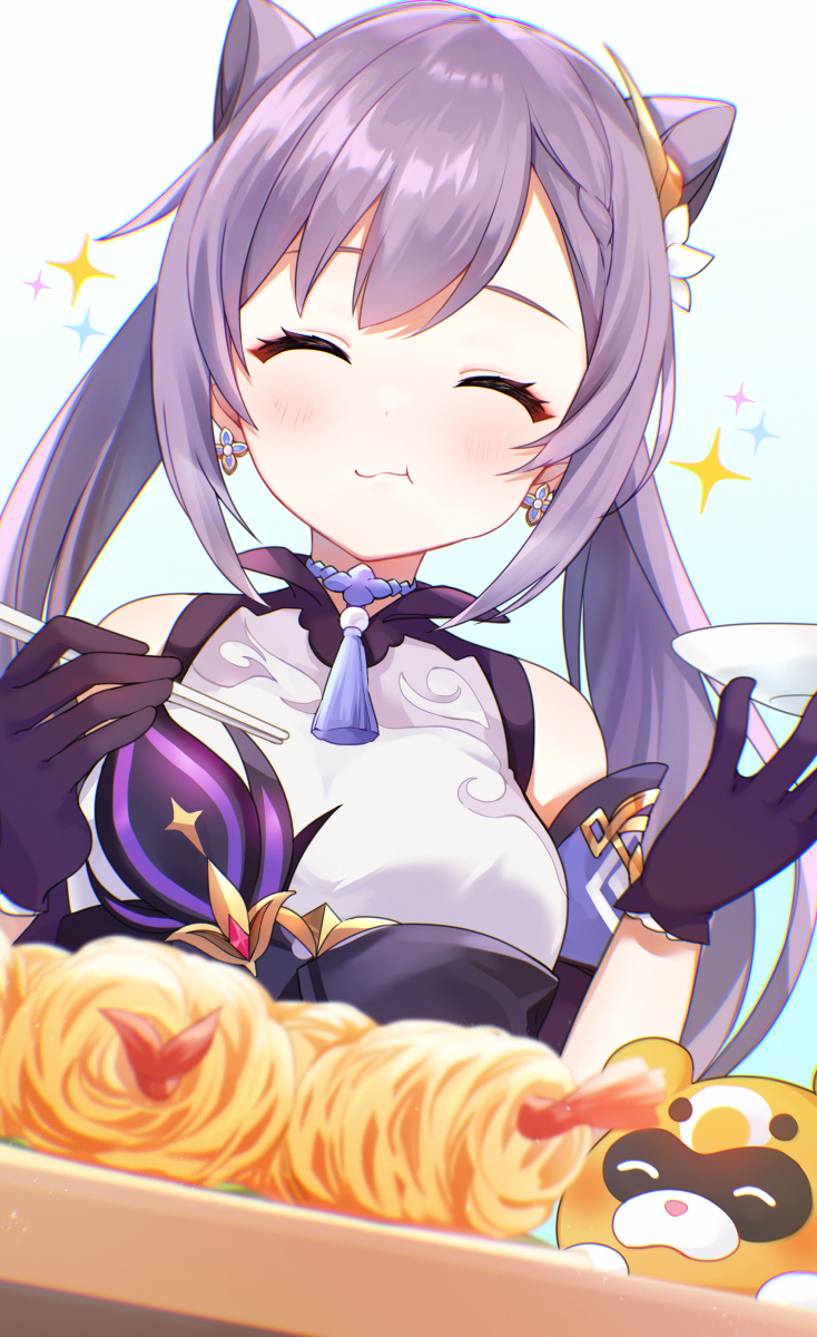 1girl, ^_^, aco_(acco_0v0), bangs, braid, choker, chopsticks, closed_eyes