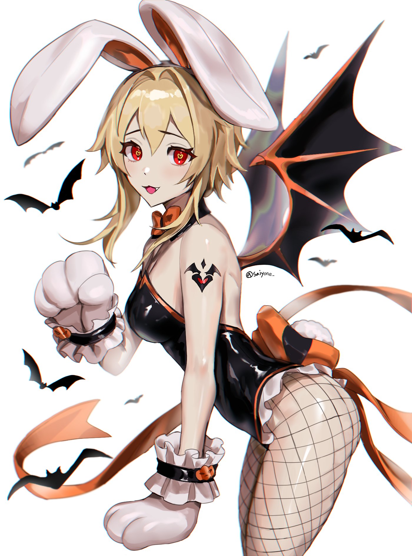 1girl, alternate_costume, alternate_eye_color, animal_ears, arm_tattoo, bangs, bat, bat_wings