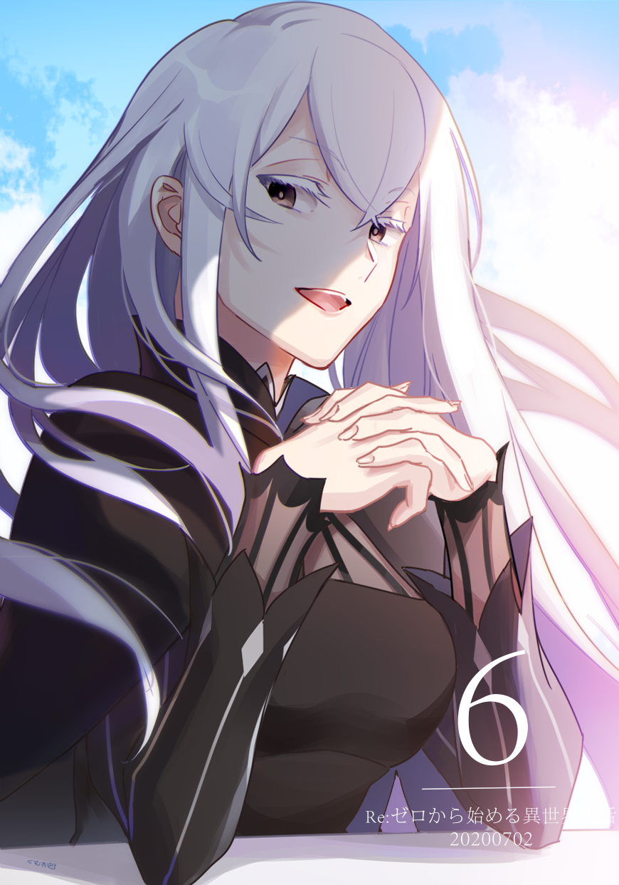 1girl, :d, black_dress, black_eyes, capelet, dress, echidna_(re:zero), eyebrows_visible_through_hair, highres, kumuo_(mirakurufusao), long_hair, long_sleeves, looking_at_viewer, open_mouth, own_hands_clasped, own_hands_together, re:zero_kara_hajimeru_isekai_seikatsu, shadow, smile, solo, white_hair