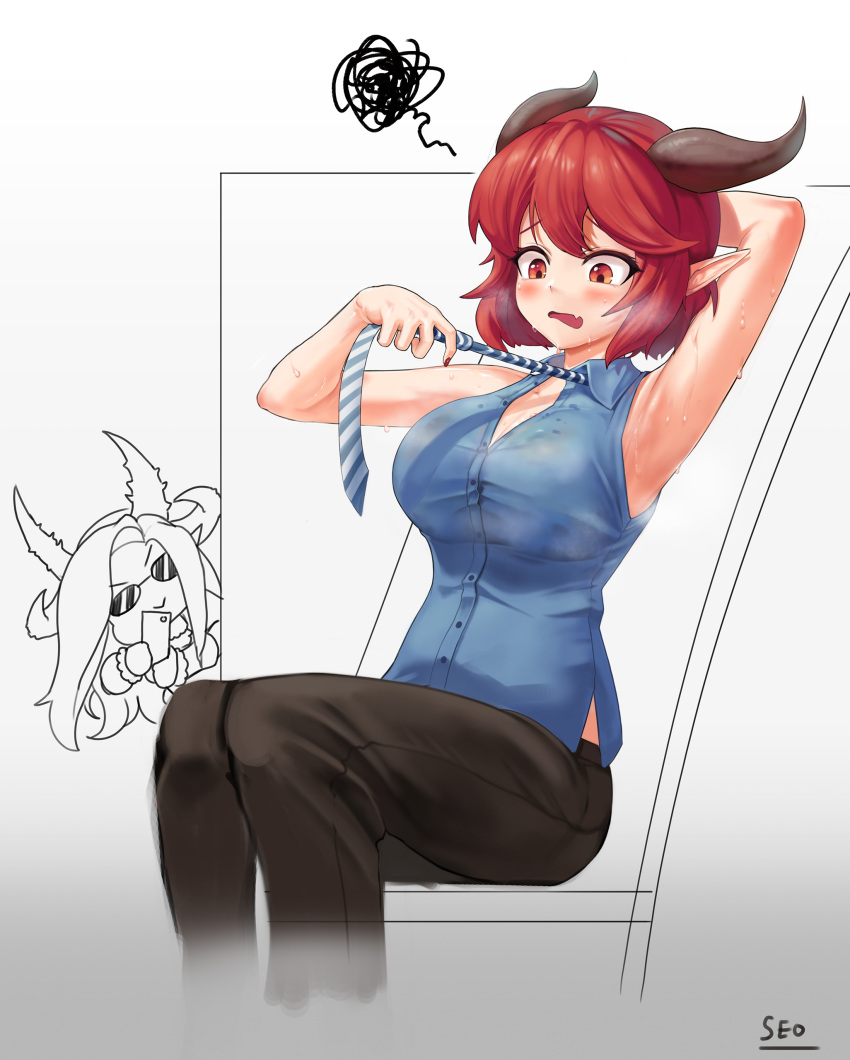 absurdres, annoyed, armpits, artist_name, bangs, blue_shirt, brown_pants, crossed_bangs