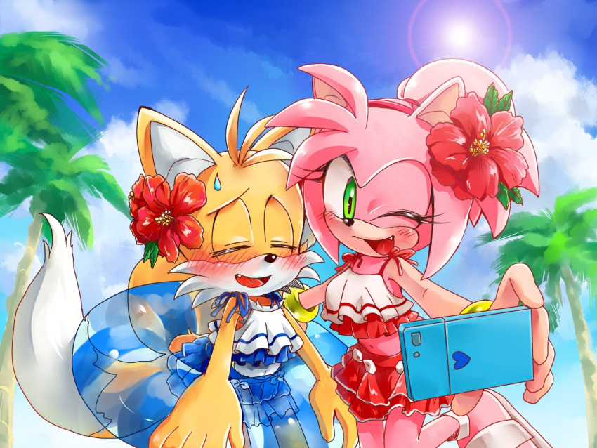 1boy, 1girl, ;d, alternate_costume, alternate_hairstyle, amy_rose, animal_ears, animal_nose