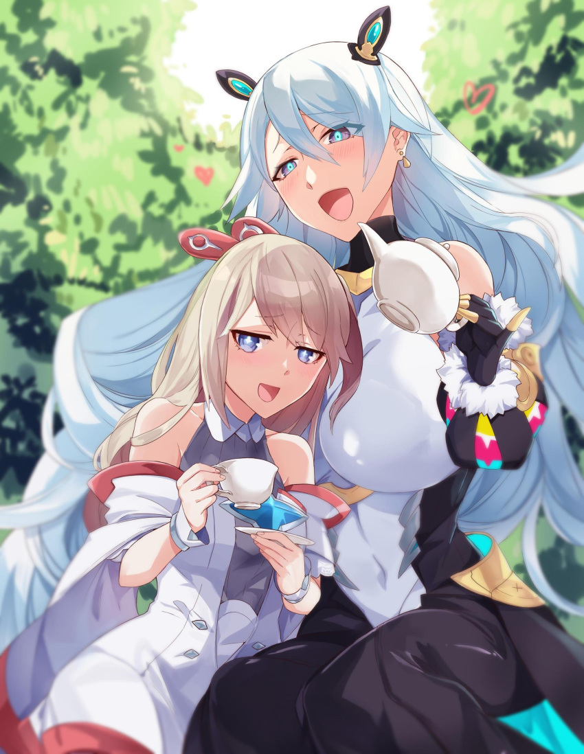 +_+, 2girls, absurdres, bangs, bare_shoulders, belsidia_(world_flipper), black_gloves, black_shirt, black_skirt, black_sleeves, blonde_hair, blue_eyes, blurry, blurry_background, blush, breasts, brooch, collarbone, covered_navel, crystal, cup, day, detached_sleeves, dress, earrings, eyebrows_visible_through_hair, fur-trimmed_sleeves, fur_trim, gloves, green_background, hair_between_eyes, half-closed_eyes, hand_up, hands_up, happy, headgear, heart, highres, holding, holding_cup, holding_saucer, holding_teapot, huge_breasts, jewelry, jpeg_artifacts, leaning_on_person, long_hair, long_sleeves, looking_at_another, looking_away, looking_down, looking_to_the_side, multicolored, multicolored_eyes, multiple_girls, off-shoulder_dress, off_shoulder, open_mouth, outdoors, pinky_out, sapphire_(gemstone), saucer, shirt, sidelocks, sitting, skirt, sleeveless, sleeveless_shirt, small_breasts, smile, stella_(world_flipper), teacup, teapot, tree, very_long_hair, violet_eyes, white_dress, white_hair, white_shirt, world_flipper, wrist_cuffs, yuri, zero0813