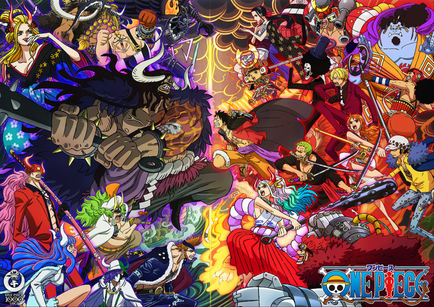 5girls, 6+boys, black_hair, black_maria_(one_piece), brook, club_(weapon), commentary_request, copyright_name