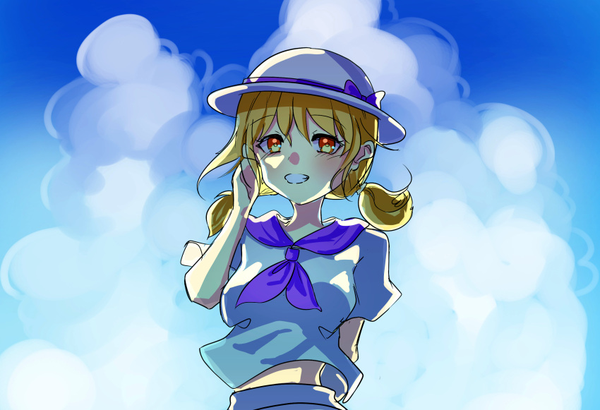 1girl, artist_request, blonde_hair, clouds, cloudy_sky, highres, louise_(touhou), midriff
