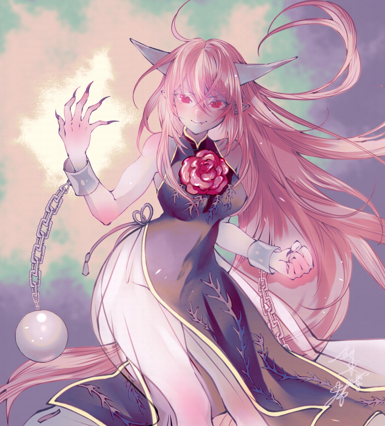 1girl, ball_and_chain_restraint, bangs, blush, breasts, chain, clenched_hand, commentary_request