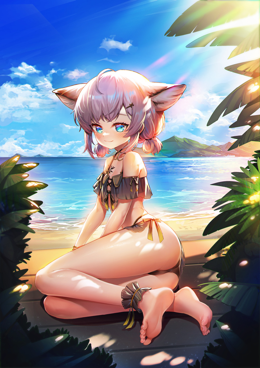 1girl, absurdres, ahoge, animal_ears, arknights, ass, beach, bikini