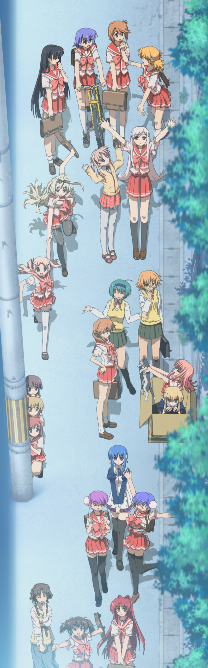 6+girls, absurdres, bicycle, blonde_hair, box, bun_cover, cat, double_bun