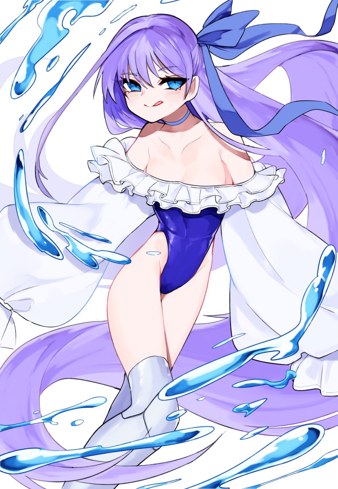 1girl, :q, armor, bangs, bare_shoulders, blue_eyes, blue_ribbon, breasts, choker, fate/grand_order, fate_(series), greaves, hacco_mayu, hair_ribbon, highres, leotard, long_hair, meltryllis_(fate), meltryllis_(swimsuit_lancer)_(fate), purple_hair, ribbon, simple_background, sleeves_past_wrists, small_breasts, solo, tongue, tongue_out, very_long_hair, water, white_background