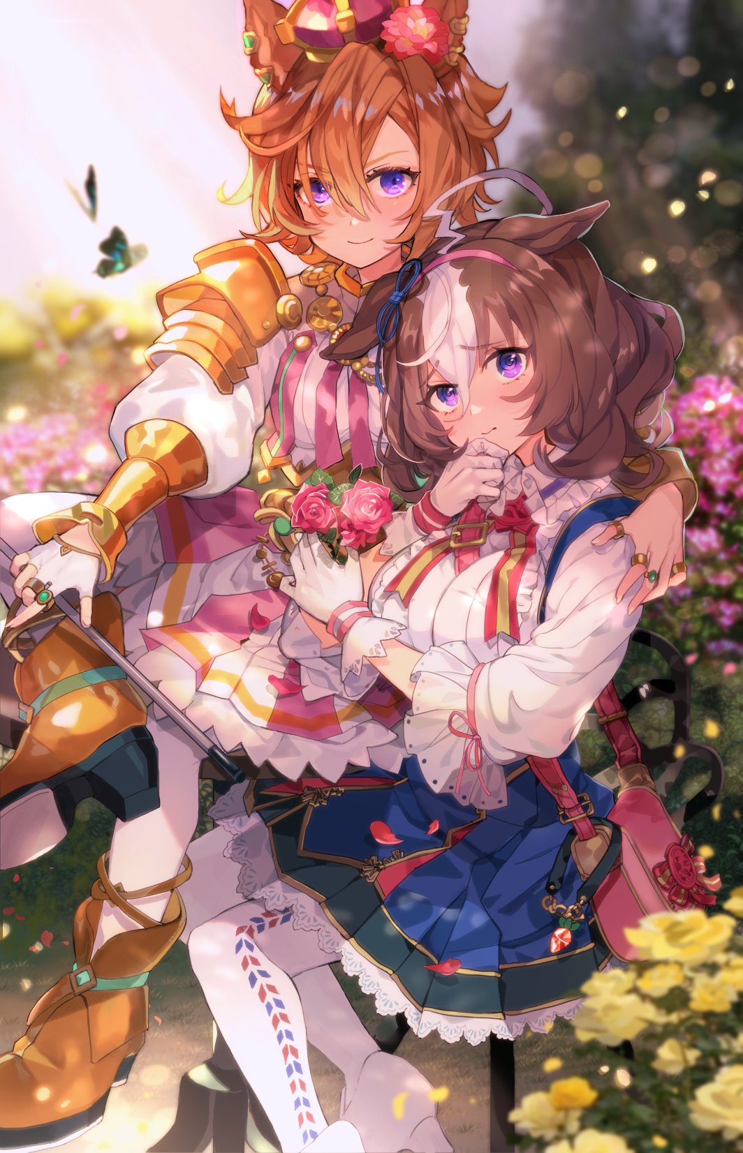 2girls, ahoge, animal_ears, armor, bag, bangs, between_breasts, blue_skirt