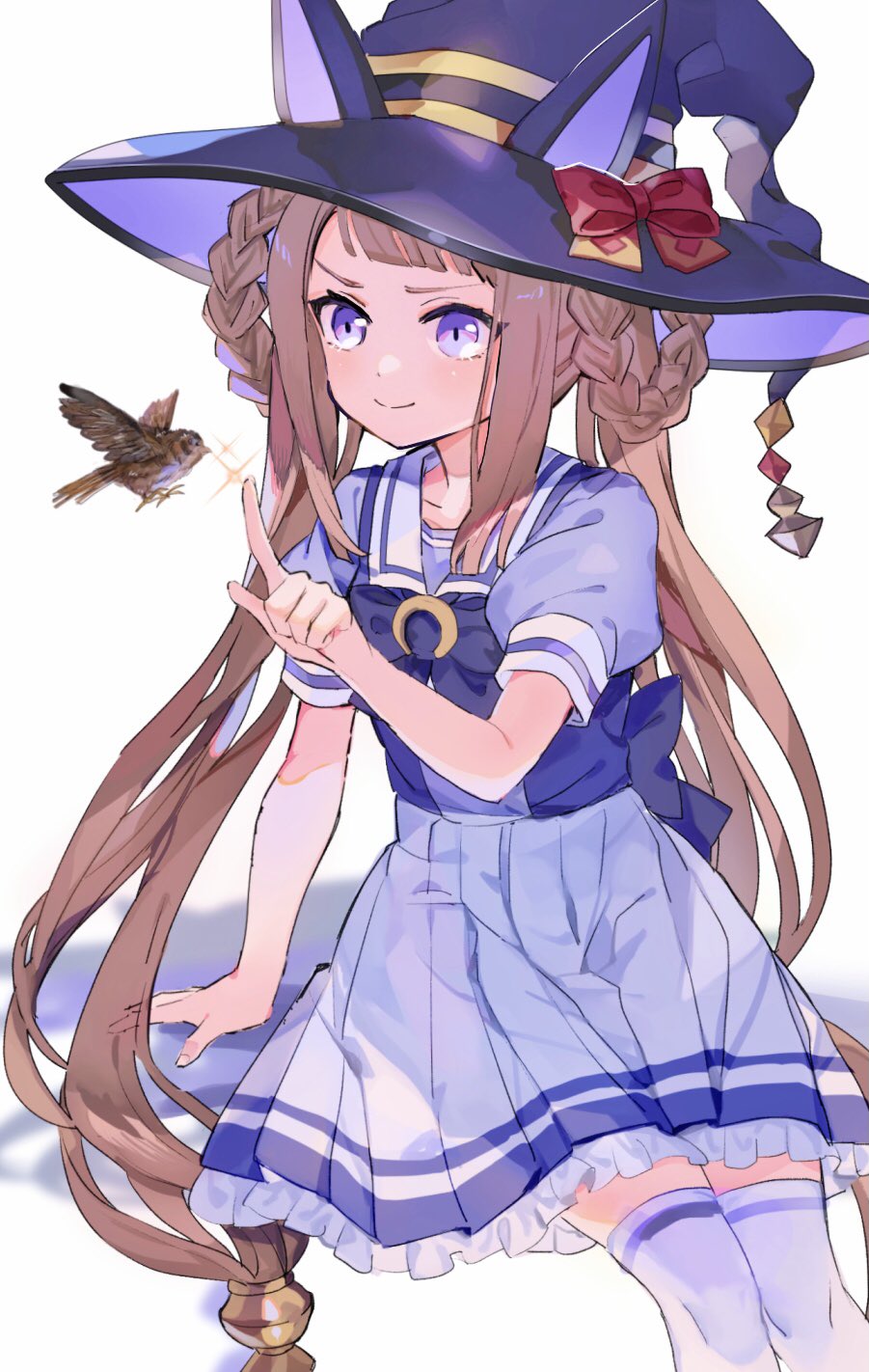 1girl, animal_ear_headwear, arm_support, bird, bow, brown_hair, commentary_request, frilled_skirt