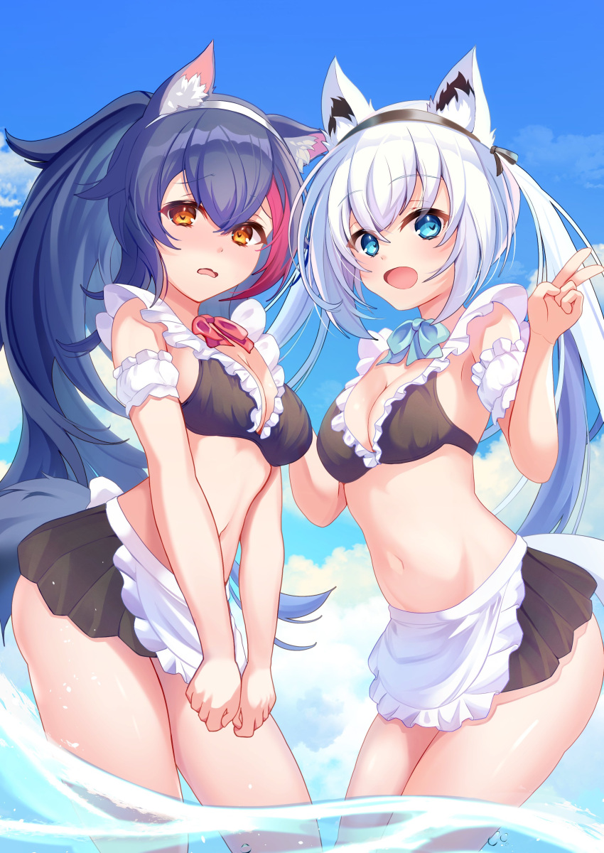2girls, absurdres, anichika, animal_ear_fluff, animal_ears, apron, arm_garter, bangs