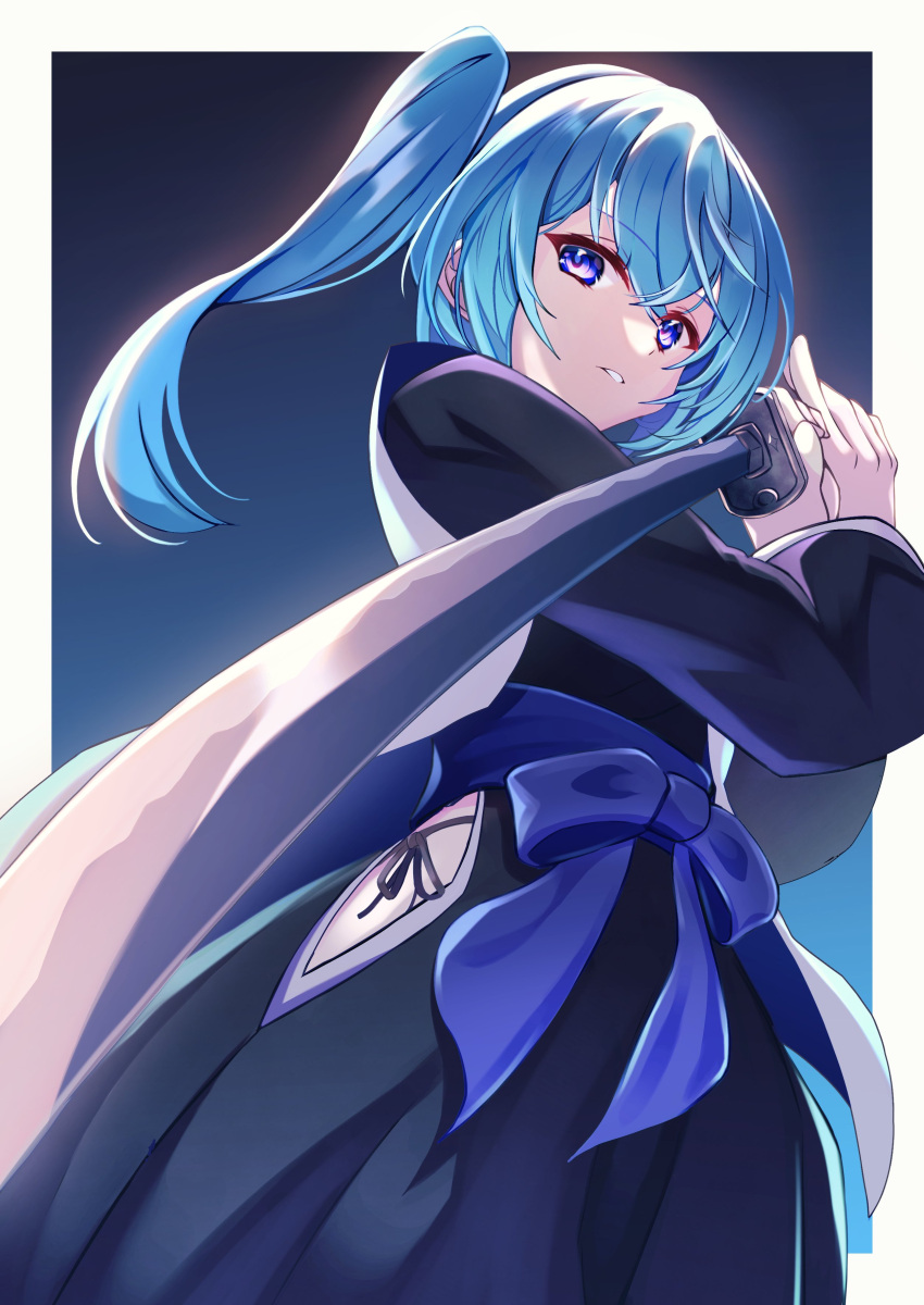 1girl, absurdres, anichika, black_kimono, blue_eyes, blue_hair, blue_sash, bow
