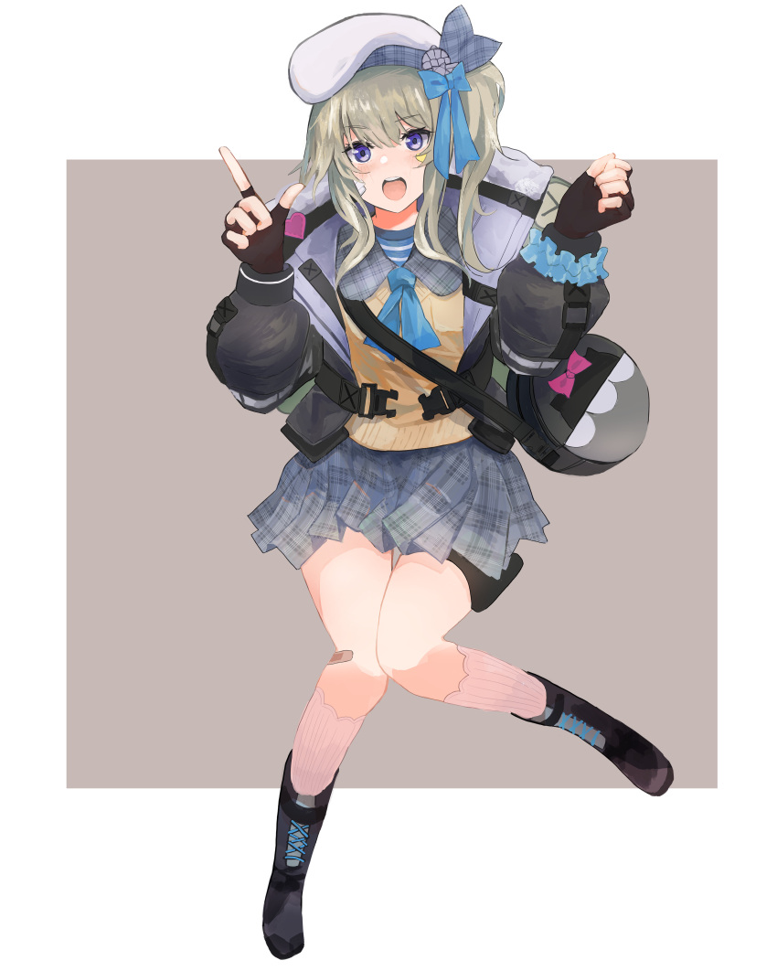 1girl, absurdres, bag, bandaid, bandaid_on_face, beret, blush, boots