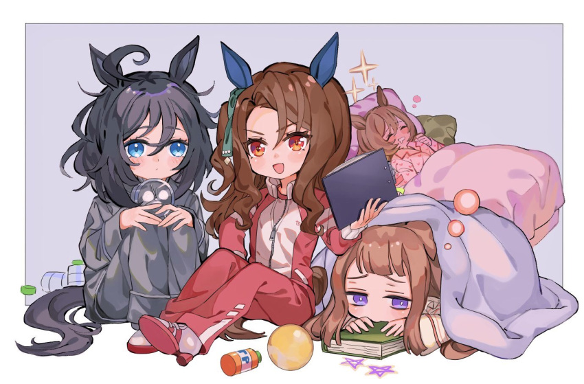 4girls, ahoge, alarm_clock, animal_ears, ball, bangs, bed, black_hair