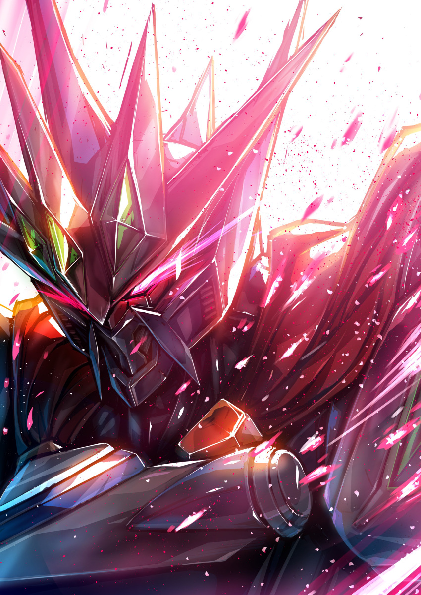 absurdres, black_cape, cape, glowing, glowing_eyes, highres, looking_down, mecha