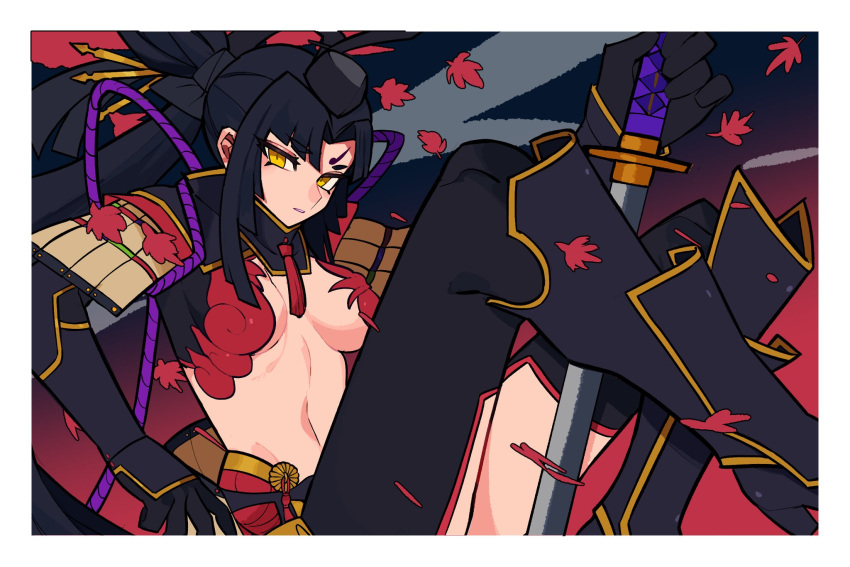1girl, armor, black_gloves, black_hair, black_legwear, breasts, eyeliner, fate/grand_order