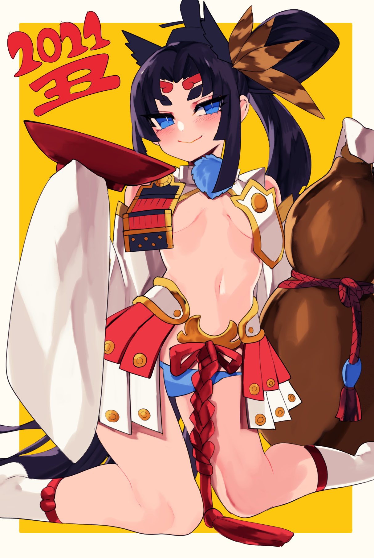 1girl, armor, black_hair, blue_eyes, blush, breasts, circlet, cup