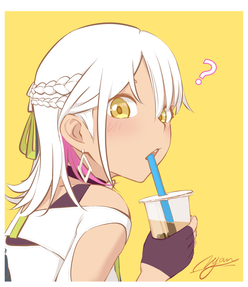 1girl, :o, ?, artist_name, bangs, bare_shoulders, black_gloves, braid