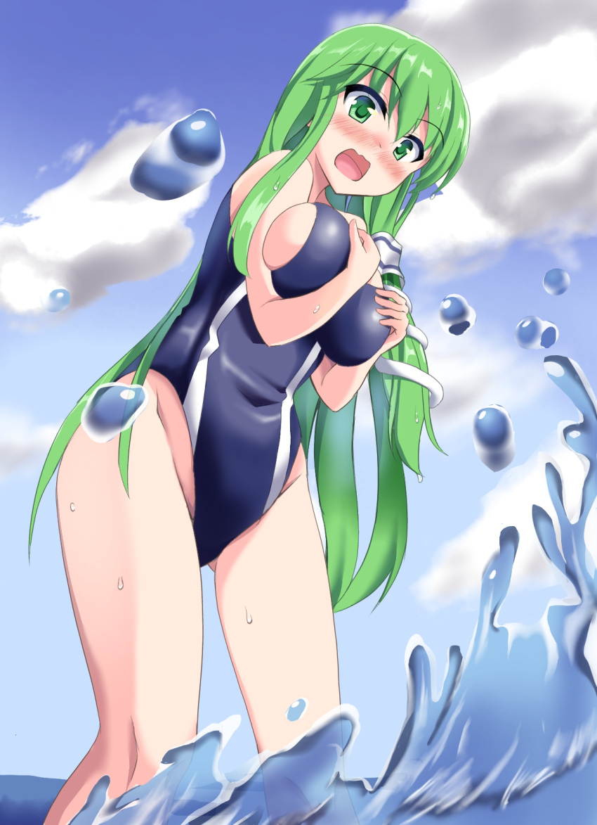 1girl, black_swimsuit, blue_eyes, blue_sky, blush, breasts, clouds, commentary_request