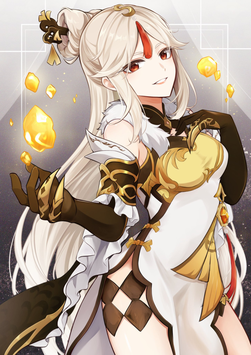 1girl, :d, bangs, black_gloves, china_dress, chinese_clothes, claws, commentary_request