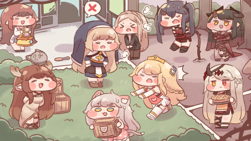 >_<, 6+girls, =_=, ^^^, amelia_(trickcal), animal_ears, antlers, bellita_(trickcal), blonde_hair, blue_hair, brown_hair, cat_ears, cat_girl, cat_tail, chasing, chibi, dark_green_hair, deer_ears, deer_girl, diana_(trickcal), diyap, elena_(trickcal), elpin_(trickcal), eyebrows_visible_through_hair, food, freckle_(trickcal), full_body, green_eyes, heterochromia, highres, komi_(trickcal), multiple_girls, nell_(trickcal), official_art, pie, red_eyes, running, spoken_x, tail, trickcal, yellow_eyes