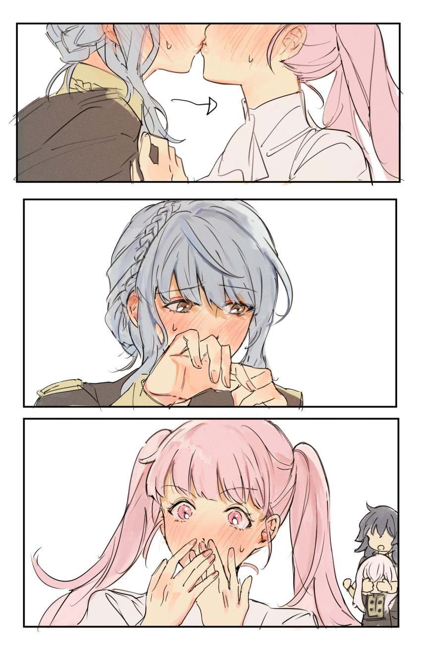 4girls, blue_hair, blush, byleth_(fire_emblem), byleth_eisner_(female), commentary_request, covering_eyes, covering_mouth, ears, embarrassed, eyebrows_visible_through_hair, fire_emblem, fire_emblem:_three_houses, garreg_mach_monastery_uniform, highres, hilda_valentine_goneril, kiss, l_uyp, lysithea_von_ordelia, marianne_von_edmund, multiple_girls, pink_hair, twintails, uniform, white_background, yuri