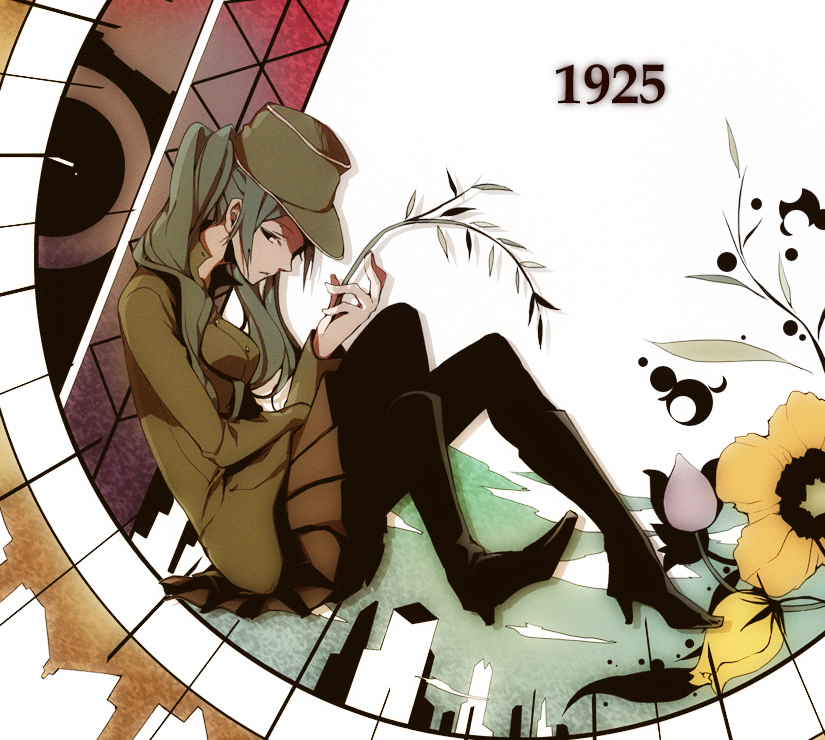 1girl, 35, 35_(pixiv), aqua_hair, boots, hat, hatsune_miku, long_hair