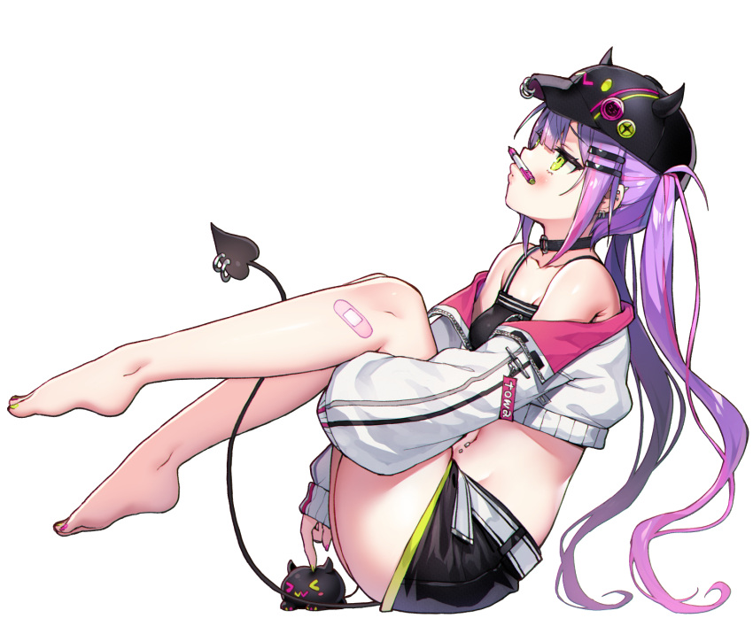 1girl, ayaoshiro, bandaid, bangs, bare_legs, barefoot, bibi_(tokoyami_towa), black_choker