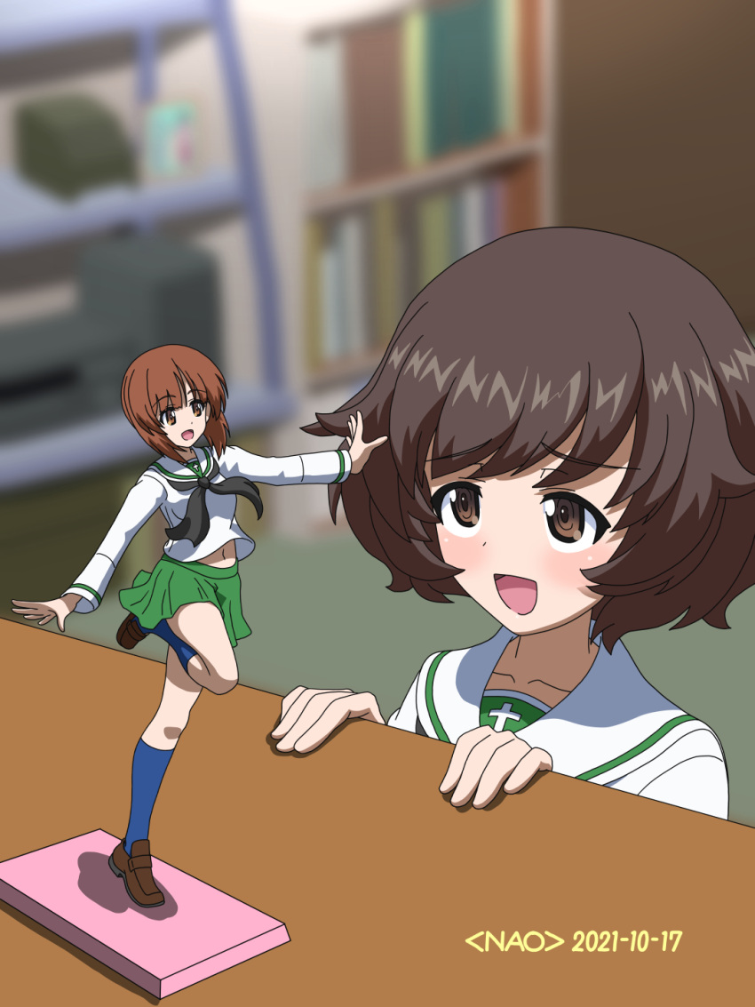 1girl, :d, action_figure, akiyama_yukari, artist_name, black_legwear, black_neckwear, blouse