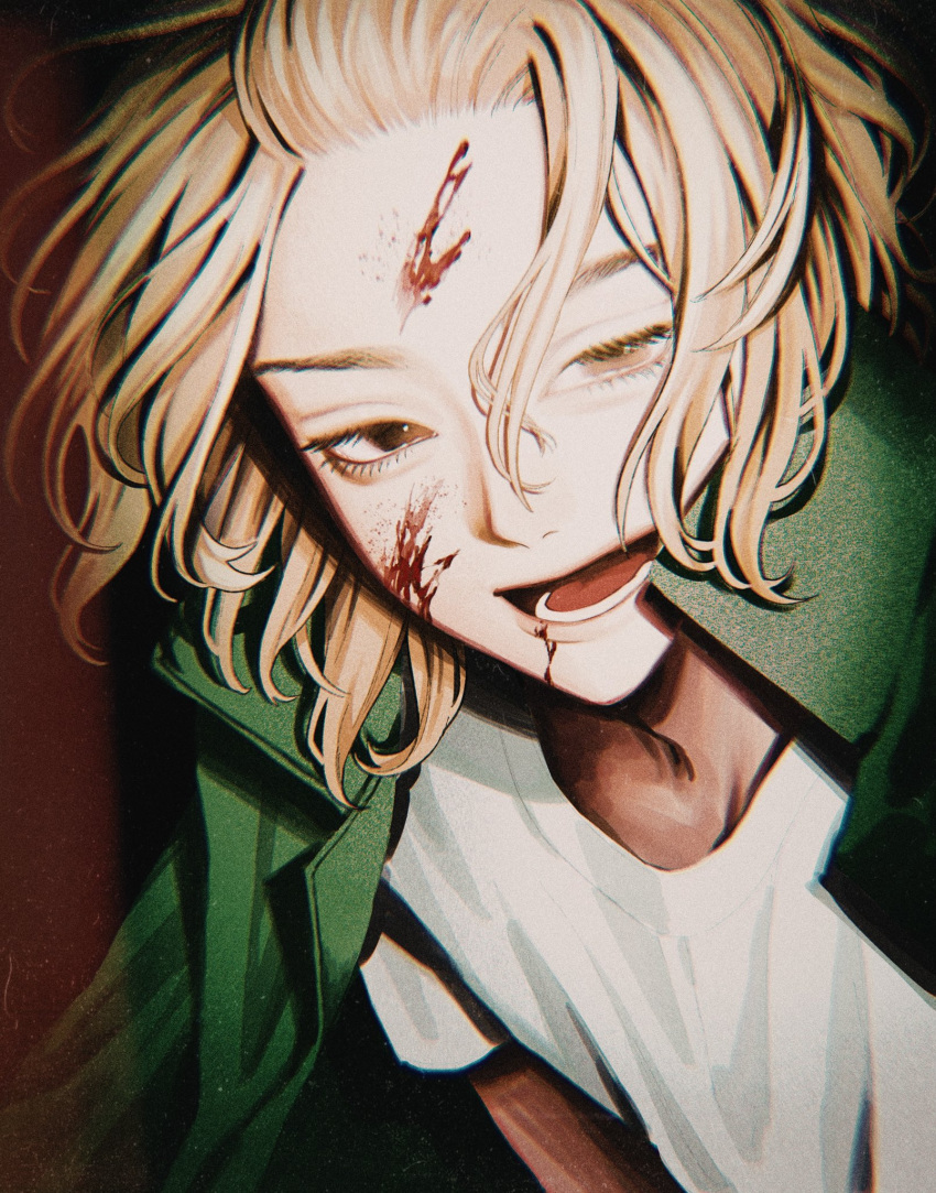 blonde_hair, blood, blood_on_face, close-up, eigoni, highres, jacket, jacket_on_shoulders