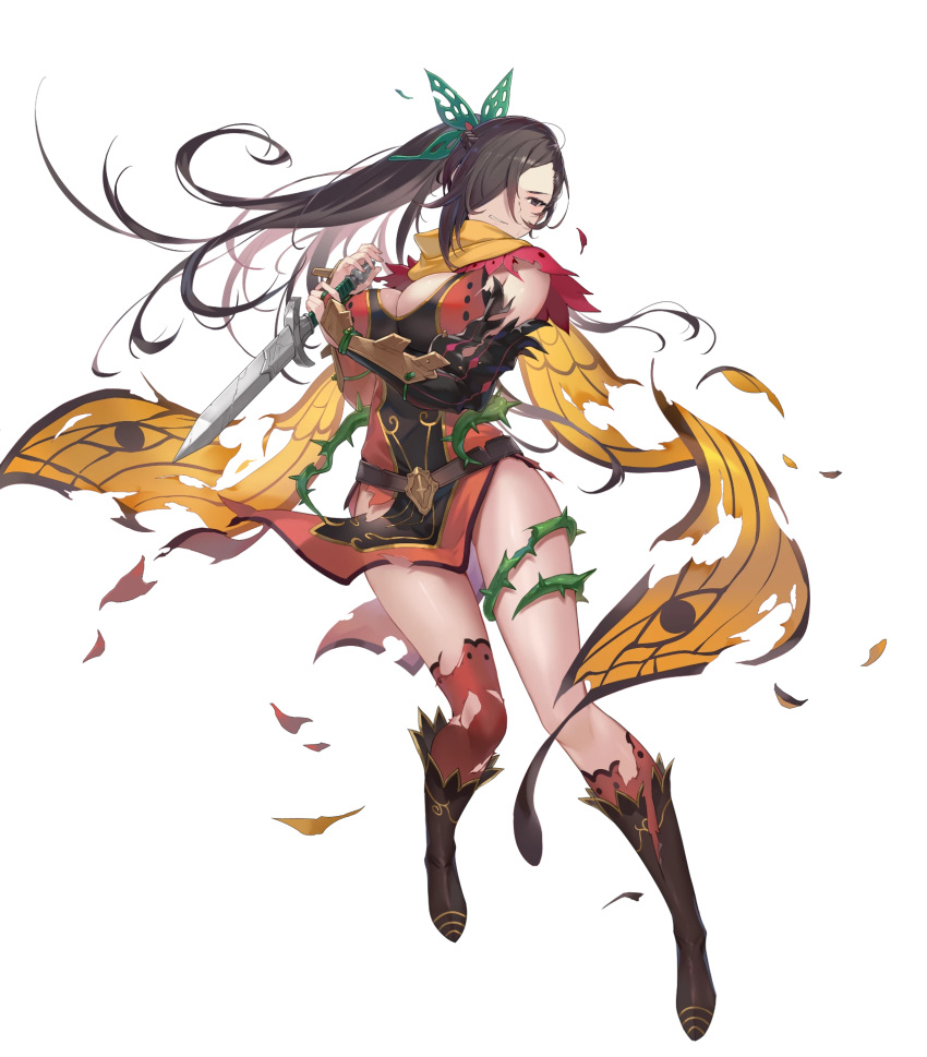 1girl, alternate_costume, armor, asymmetrical_legwear, bangs, belt, boots, breasts, brown_eyes, brown_hair, cape, dagger, dress, fire_emblem, fire_emblem_fates, fire_emblem_heroes, full_body, hair_ornament, hair_over_one_eye, highres, holding, holding_dagger, holding_weapon, kagero_(fire_emblem), kakage, knee_boots, knife, large_breasts, long_hair, looking_away, official_art, parted_lips, reverse_grip, shiny, shiny_hair, shiny_skin, short_dress, single_thighhigh, solo, thigh-highs, thighs, thorns, tied_hair, torn_clothes, transparent_background, weapon
