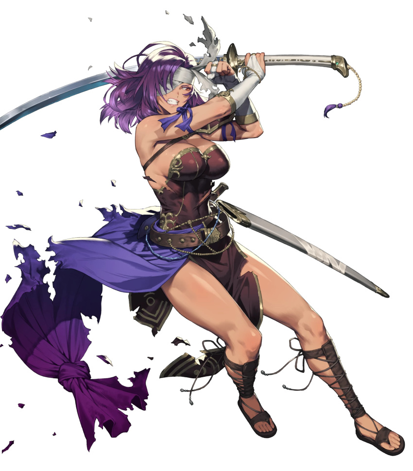 1girl, armor, bangs, bare_shoulders, belt, breasts, clenched_hand, clenched_teeth, cozy, dark_skin, dress, elbow_gloves, eyepatch, fire_emblem, fire_emblem:_mystery_of_the_emblem, fire_emblem_heroes, full_body, gloves, gold_trim, highres, holding, holding_sword, holding_weapon, large_breasts, long_hair, looking_away, malice_(fire_emblem), muscular, muscular_female, official_art, parted_lips, purple_hair, red_eyes, sheath, shiny, shiny_hair, shiny_skin, shoulder_armor, solo, strapless, strapless_dress, sword, tan, teeth, toeless_footwear, toes, torn_clothes, transparent_background, weapon