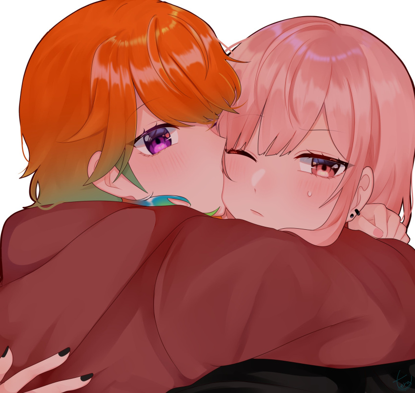 2girls, alternate_costume, blush, couple, earrings, eyebrows_visible_through_hair, feather_earrings, feathers, glomp, gradient_hair, hair_down, happy, highres, hololive, hololive_english, hug, jewelry, kiss, long_hair, mori_calliope, multicolored_hair, multiple_girls, one_eye_closed, orange_hair, pink_hair, red_eyes, sweatdrop, takanashi_kiara, tera_(trs82341711), violet_eyes, virtual_youtuber, yuri