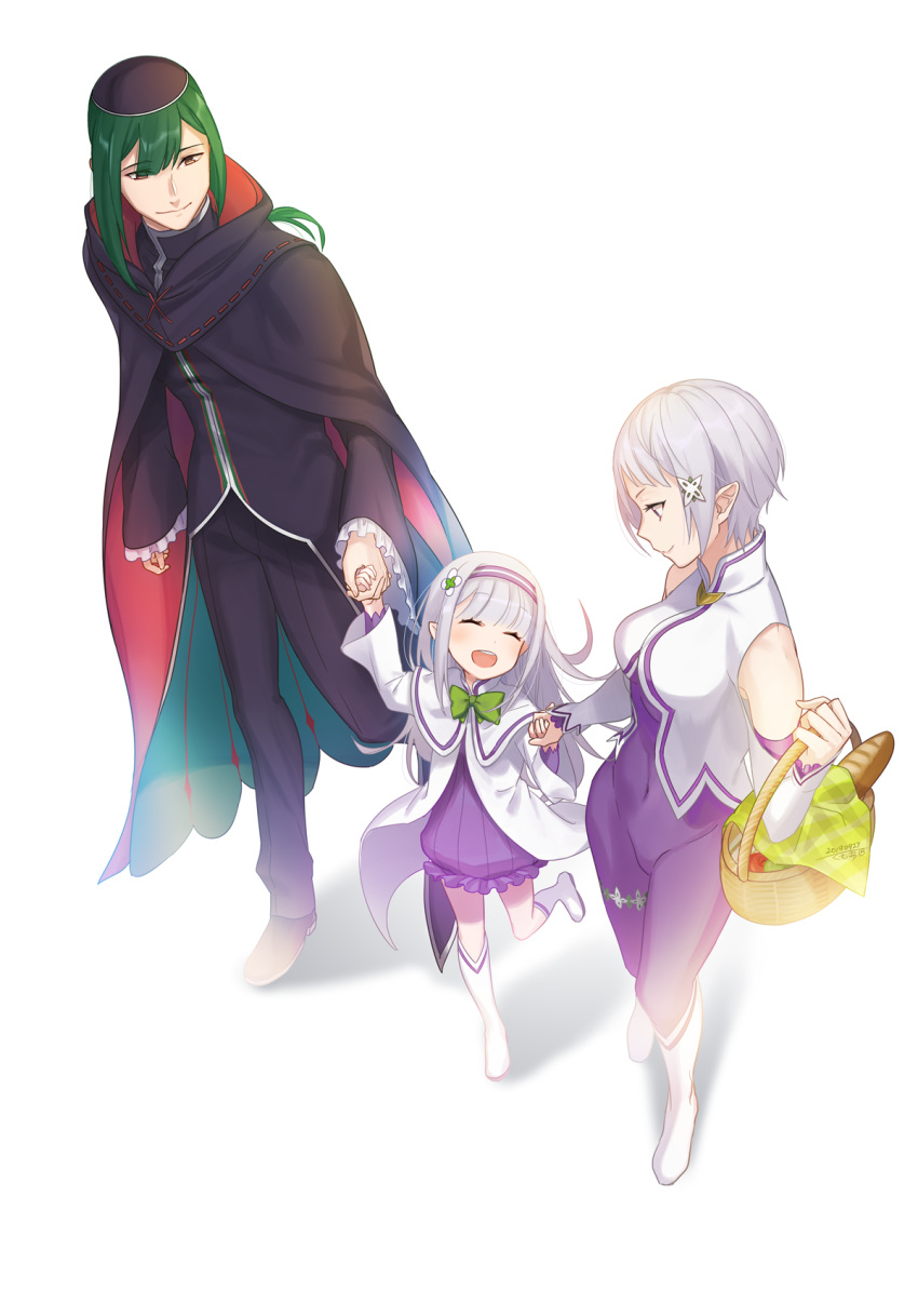 :d, basket, bread, cape, emilia_(re:zero), family, food, fortuna_(re:zero)