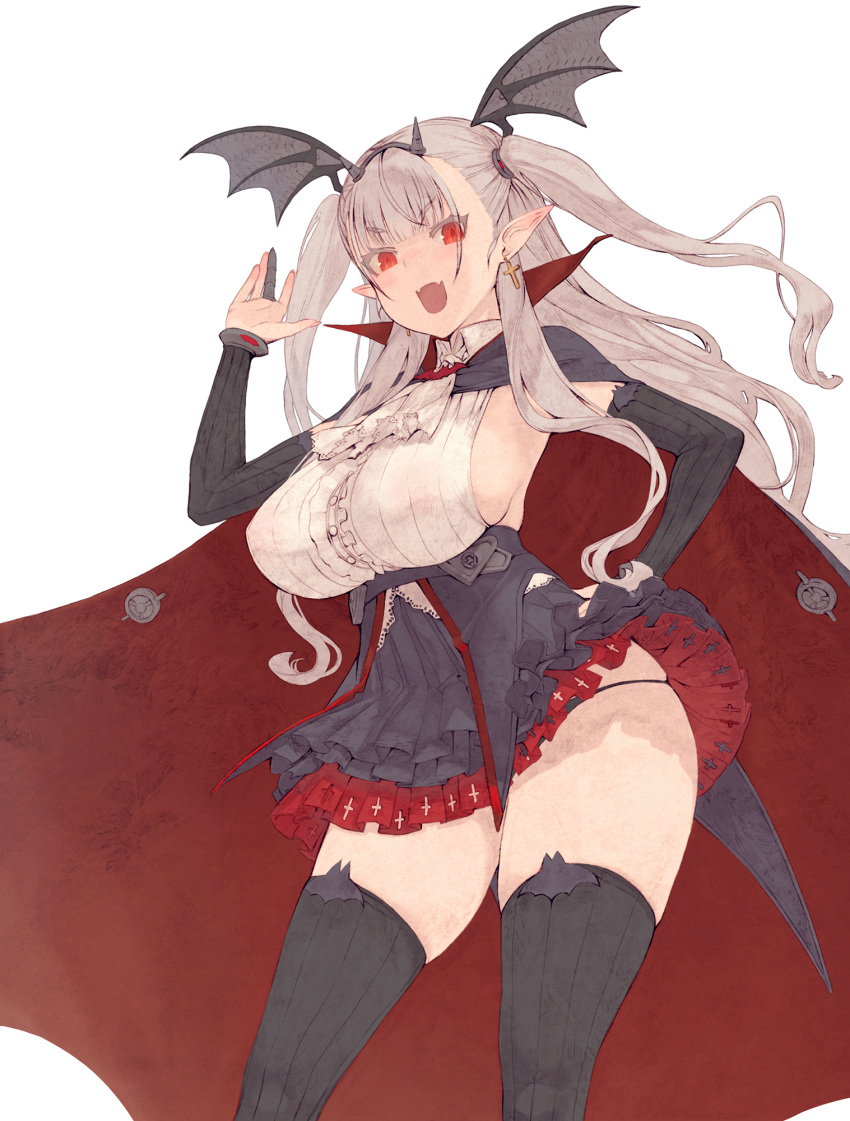1girl, bangs, black_legwear, black_panties, black_skirt, breasts, cape, cross