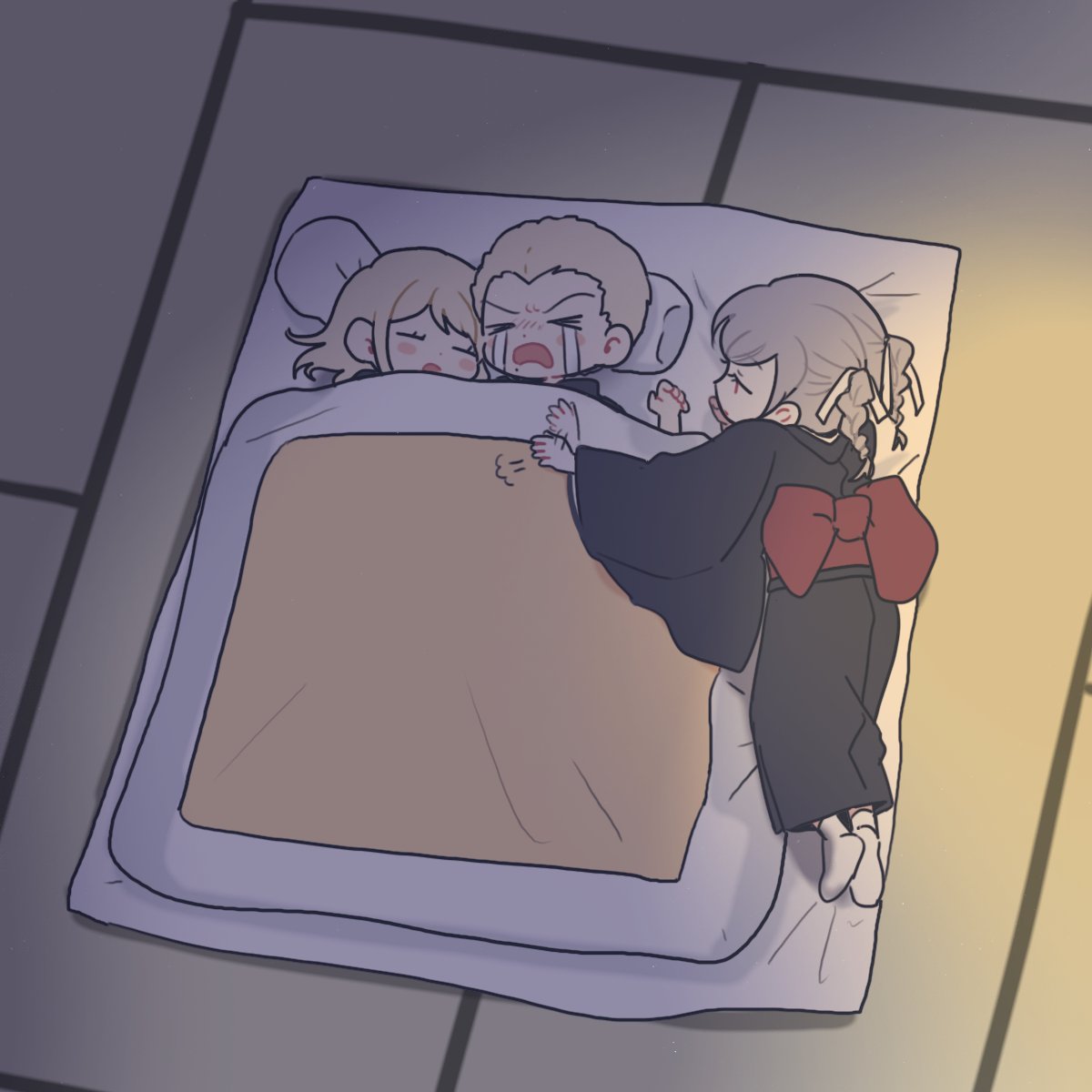 1boy, 2girls, bed, black_kimono, blush, blush_stickers, bow, braid