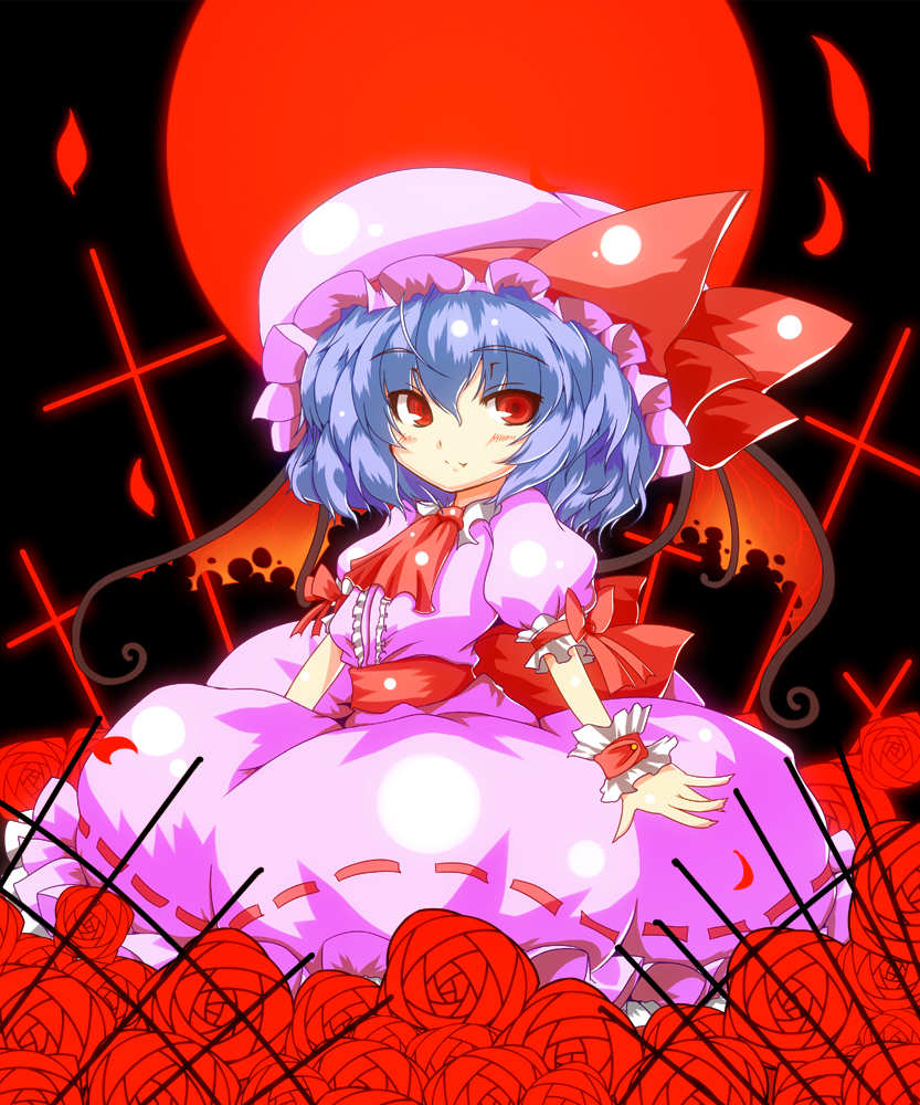 bat_wings, blue_hair, flower, full_moon, hat, moon, red_eyes, red_moon