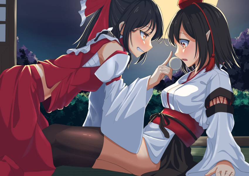 2girls, alternate_eye_color, amanoyayuki, bangs, bent_over, black_hair, black_legwear, blush