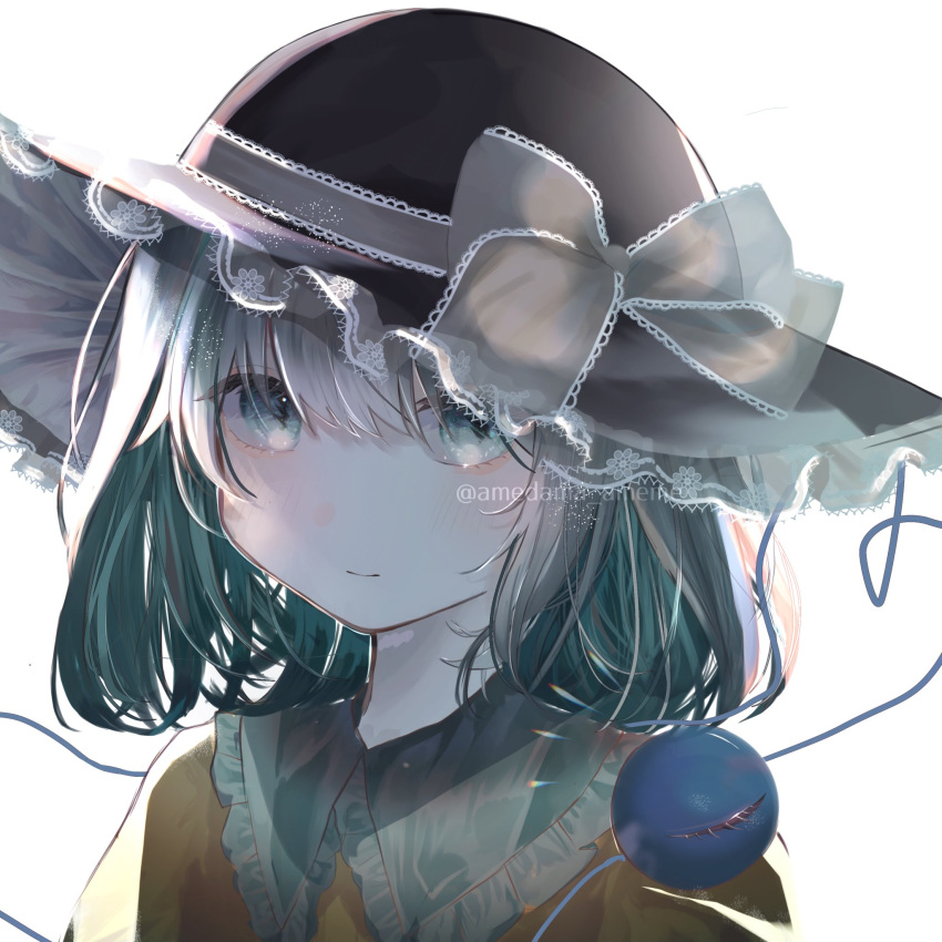 1girl, amedama_ameme, aqua_eyes, artist_name, bangs, blush, bow, closed_mouth