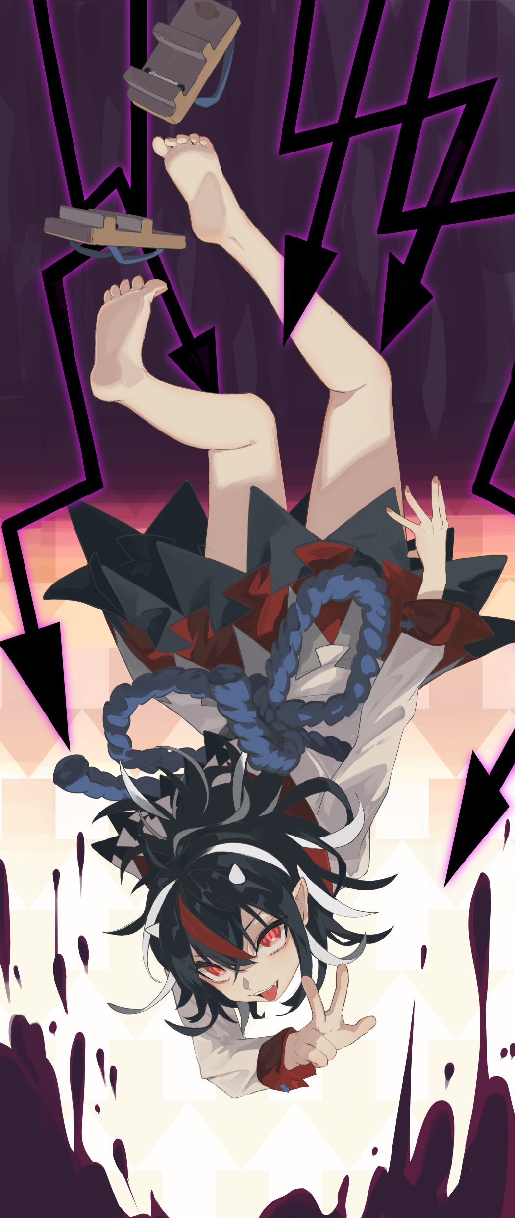 1girl, absurdres, arrow_print, bangs, barefoot, berabou, black_hair, fang
