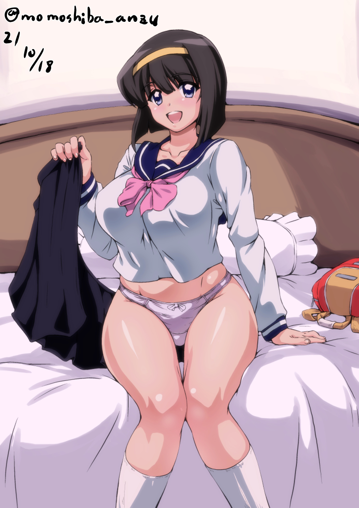 1girl, alternate_costume, black_hair, black_skirt, blue_eyes, breasts, hairband, holding