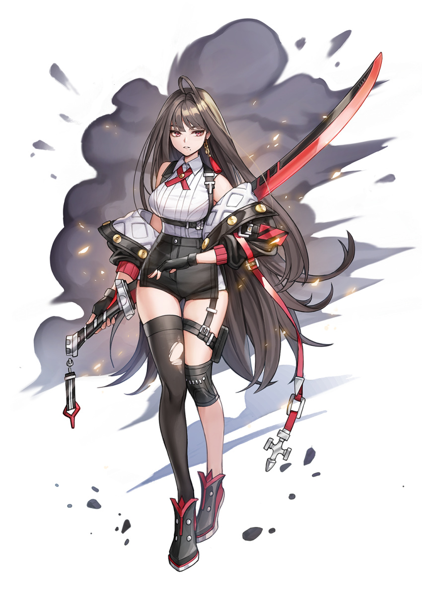 1girl, black_hair, cross, explosion, fingerless_gloves, full_body, gloves, harness, highres, hongsi, long_hair, original, red_eyes, single_thighhigh, solo, sword, thigh-highs, weapon