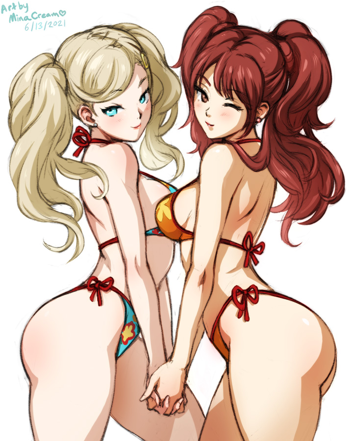 2girls, artist_name, ass, bikini, bikini_bottom, bikini_top, blonde_hair, blue_eyes
