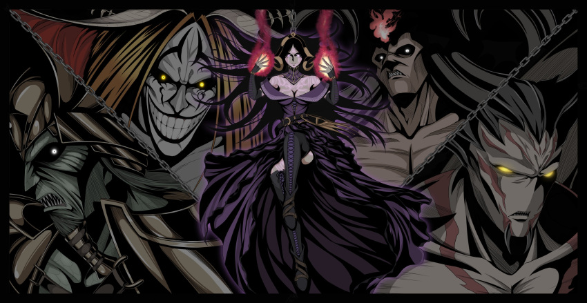 1girl, 4boys, armor, belzenlok, black_footwear, black_hair, black_horns, black_sclera, black_sleeves, blonde_hair, boots, chain, chained, colored_sclera, colored_skin, demon, detached_sleeves, dress, evil_grin, evil_smile, glowing, glowing_eyes, gold_armor, green_skin, grin, griselbrand, highres, horns, kothophed, leg_up, liliana_vess, long_hair, magic:_the_gathering, multiple_boys, purple_dress, razaketh, red_wingp2, sharp_teeth, smile, teeth, thigh-highs, thigh_boots, very_long_hair, violet_eyes, white_eyes, yellow_eyes