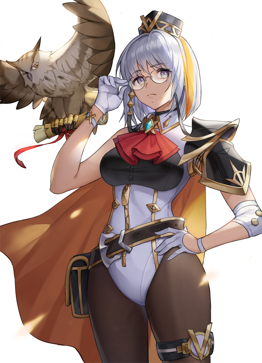 1girl, adjusting_eyewear, bird, black_legwear, blonde_hair, cape, cowboy_shot, glasses