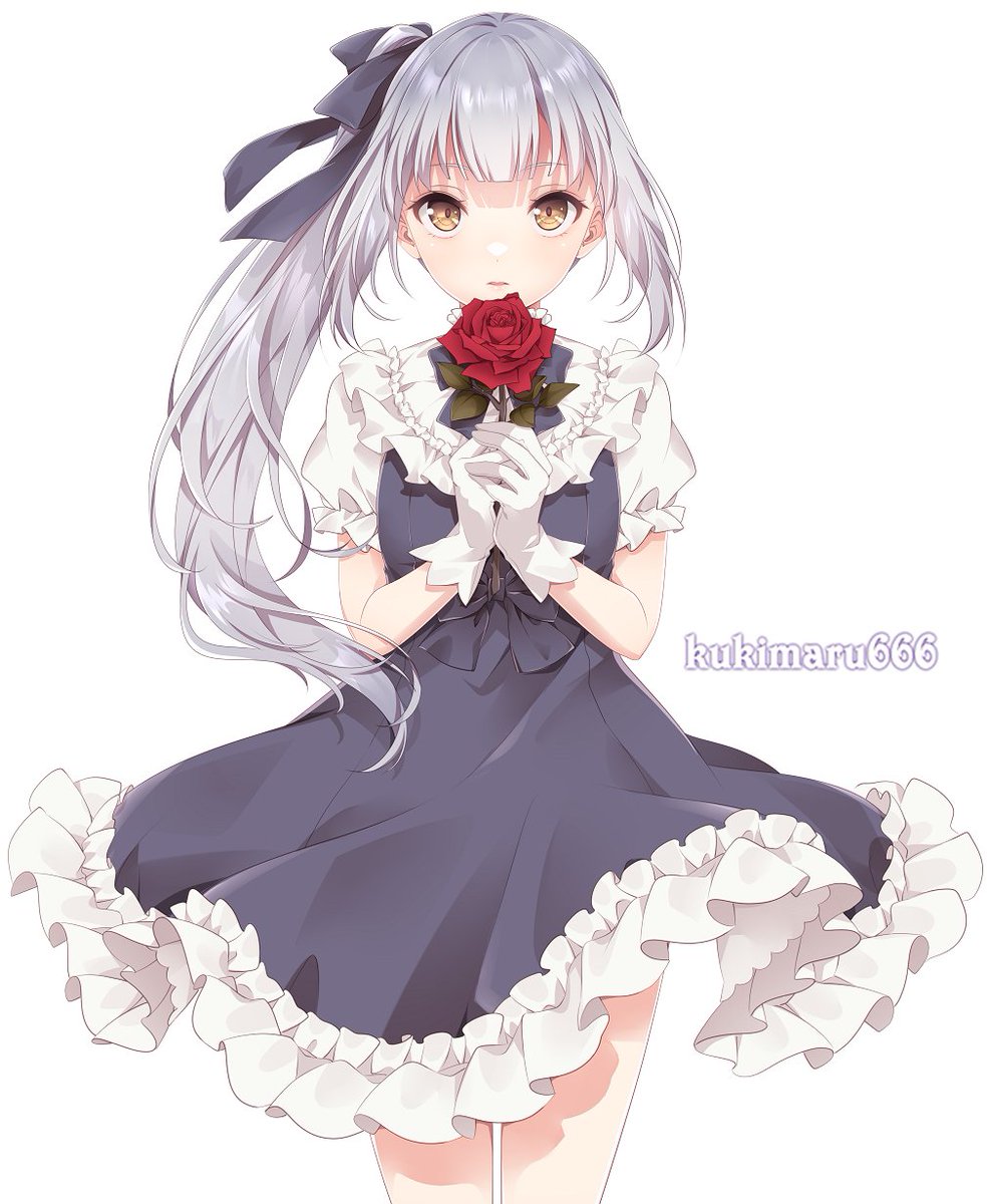 alternate_costume, artist_name, black_dress, black_ribbon, brown_eyes, commentary_request, cowboy_shot, dress