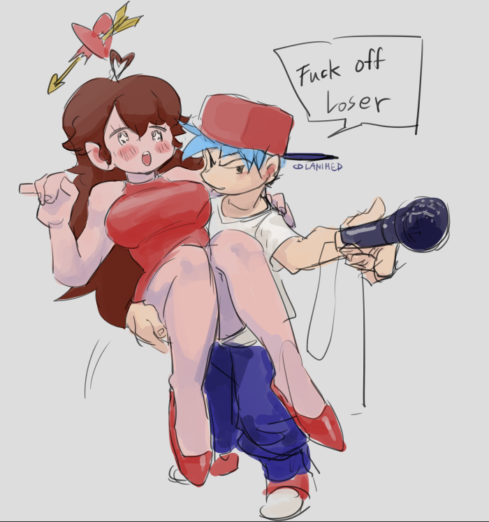 1boy, 1girl, ahoge, blue_hair, blush, boyfriend_(friday_night_funkin'), breasts, brown_hair, carrying, dress, english_commentary, english_text, friday_night_funkin', girlfriend_(friday_night_funkin'), grey_background, hat, heart, heart_ahoge, hetero, holding, holding_microphone, jupen5004, long_hair, microphone, profanity, red_dress, simple_background, smile, speech_bubble, standing